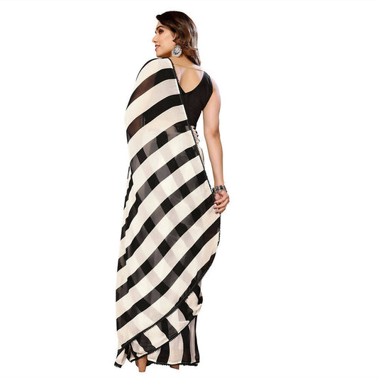 Women's Partywear Designer Black&White Georgette Fancy Saree - Satrangi | Swadesiicart