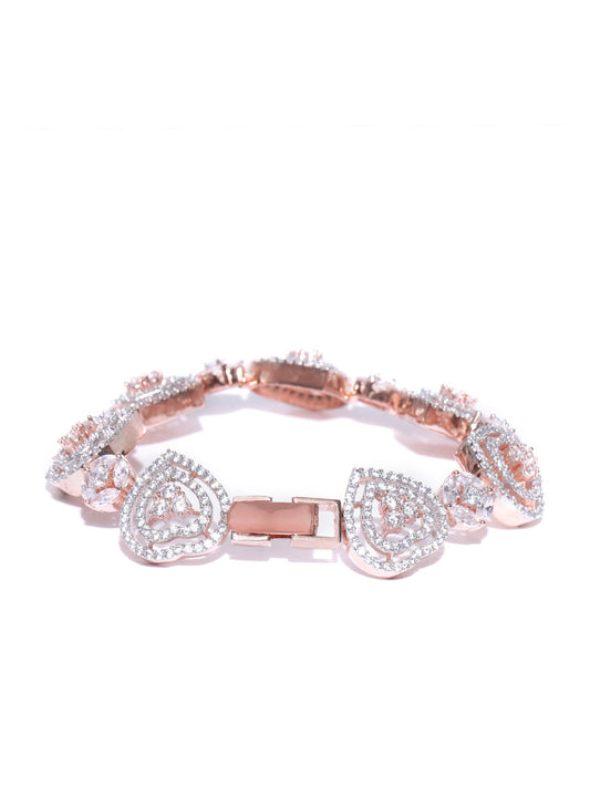 Priyaasi Women Rose Gold-Polished American Diamond Studded Link Bracelet in Heart Pattern - Swadesiicart