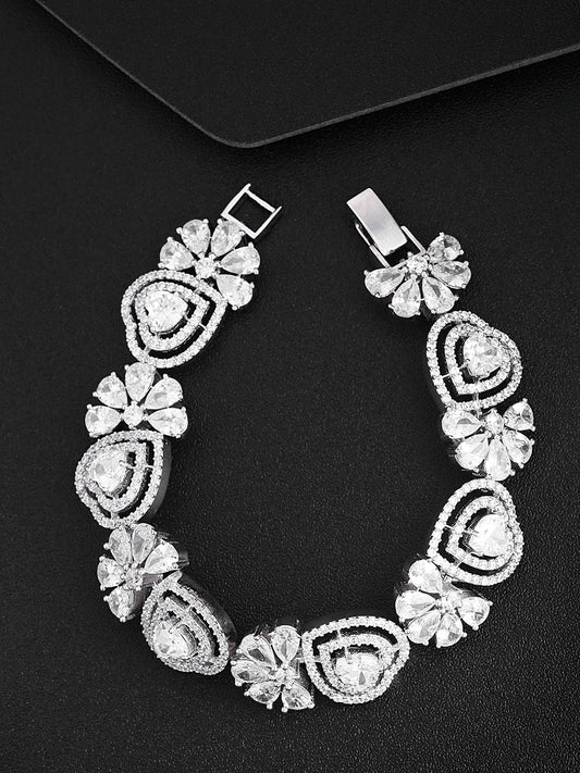Priyaasi Women Silver-Plated American Diamond Studded Link Bracelet in Heart Pattern - Noz2Toz