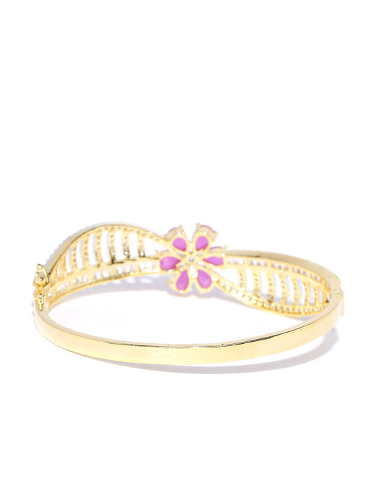 Priyaasi Women Gold-Polished American Diamond and Ruby Studded Floral Patterned Bracelet in Pink Color - Swadesiicart