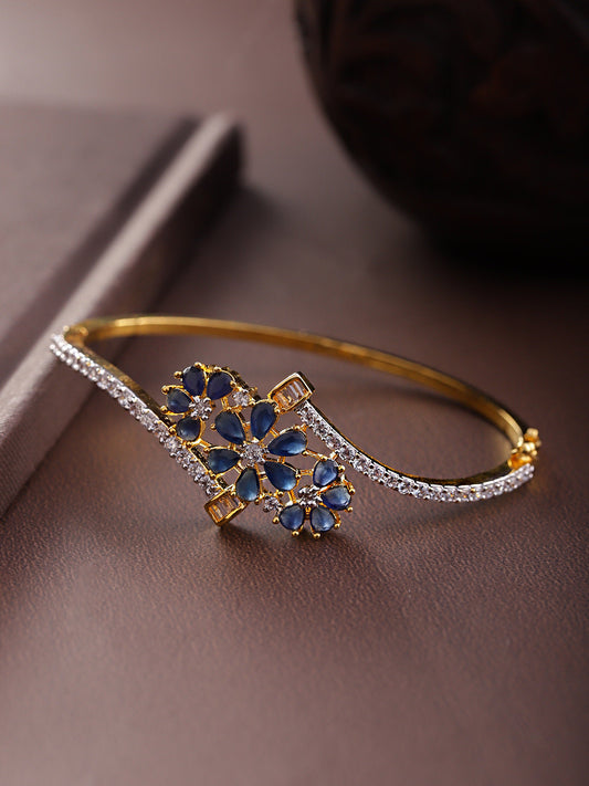 Priyaasi Women Gold-Polished American Diamond Studded, Floral Patterned Bracelet in Blue Color - Noz2Toz