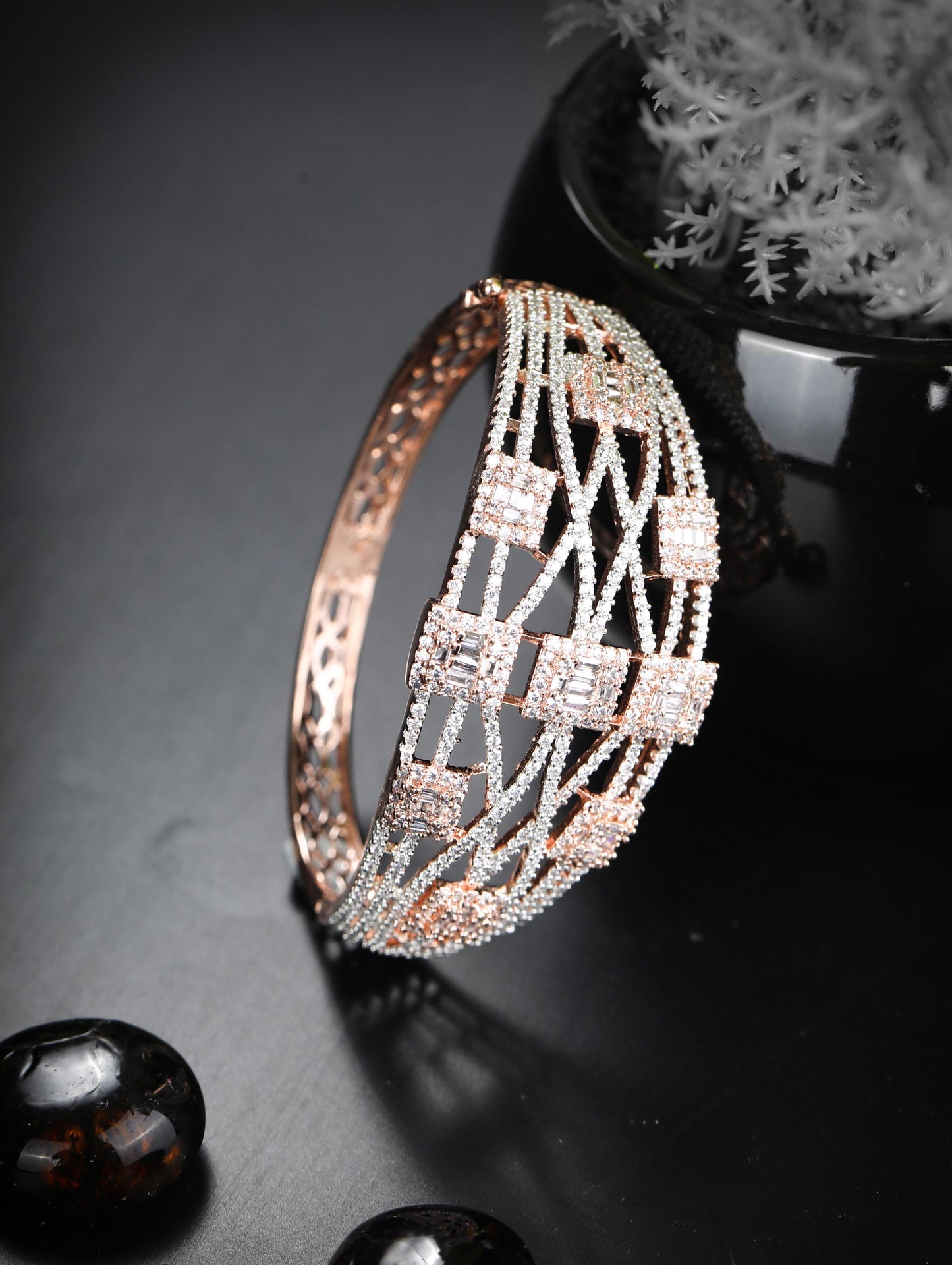Priyaasi Women Kundan Studded Rose Gold-Polished Bangle Style Bracelet - Noz2Toz