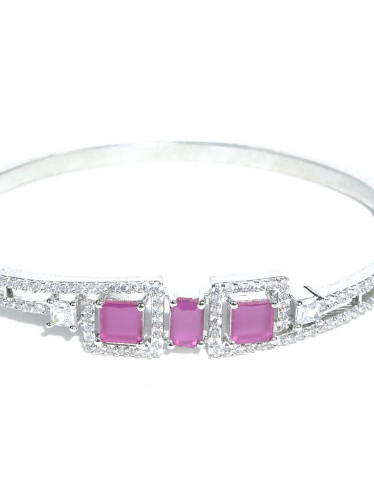 Priyaasi Women Magenta American Diamond Silver Plated Floral Bangle Style Bracelet - Swadesiicart