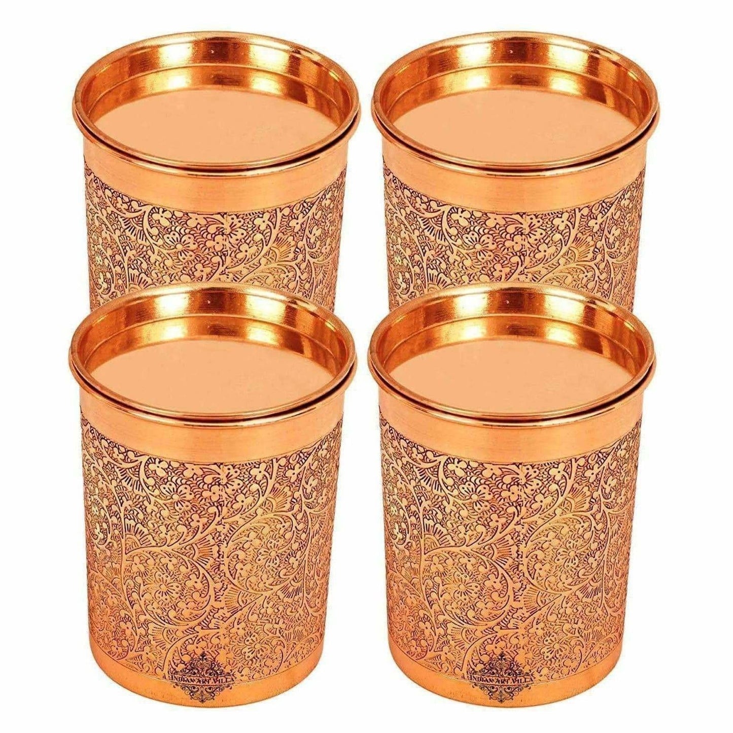 Copper Glass Tumbler with Lid Embossed Design - Swadesiicart