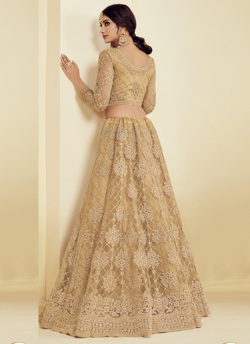 Vegaa Fashion Beige Net Embroidered Wedding Lehenga - Swadesiicart