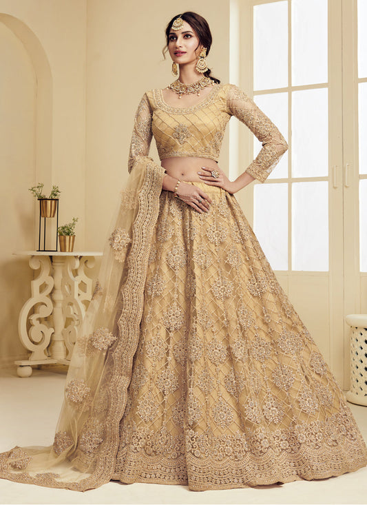 Vegaa Fashion Beige Net Embroidered Wedding Lehenga - Swadesiicart