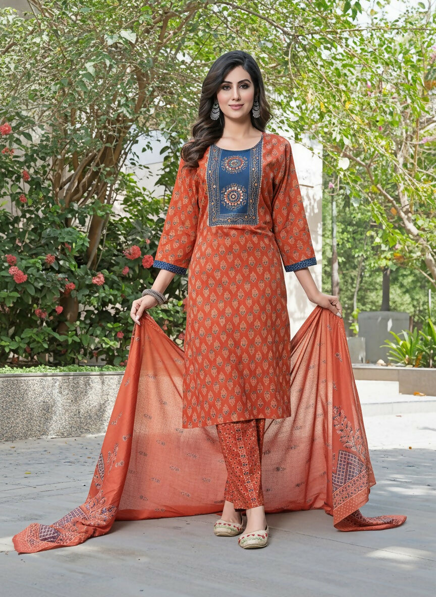 BulBul Aaliya Elegance Rust Cotton Kurta Set with Dupatta - Swadesiicart