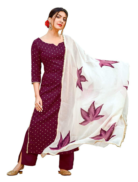 Malishka Women's Wine Cotton Printed Kurta Palazzo Set With Dupatta - Wine - Malishka