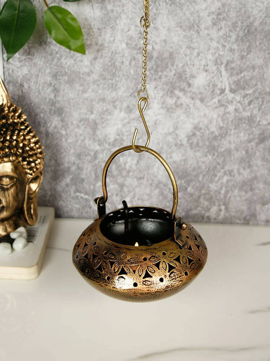 CraftVatika Gold-Toned Metal Degchi Hanging Tealight Candle Holder | Swadesiicart