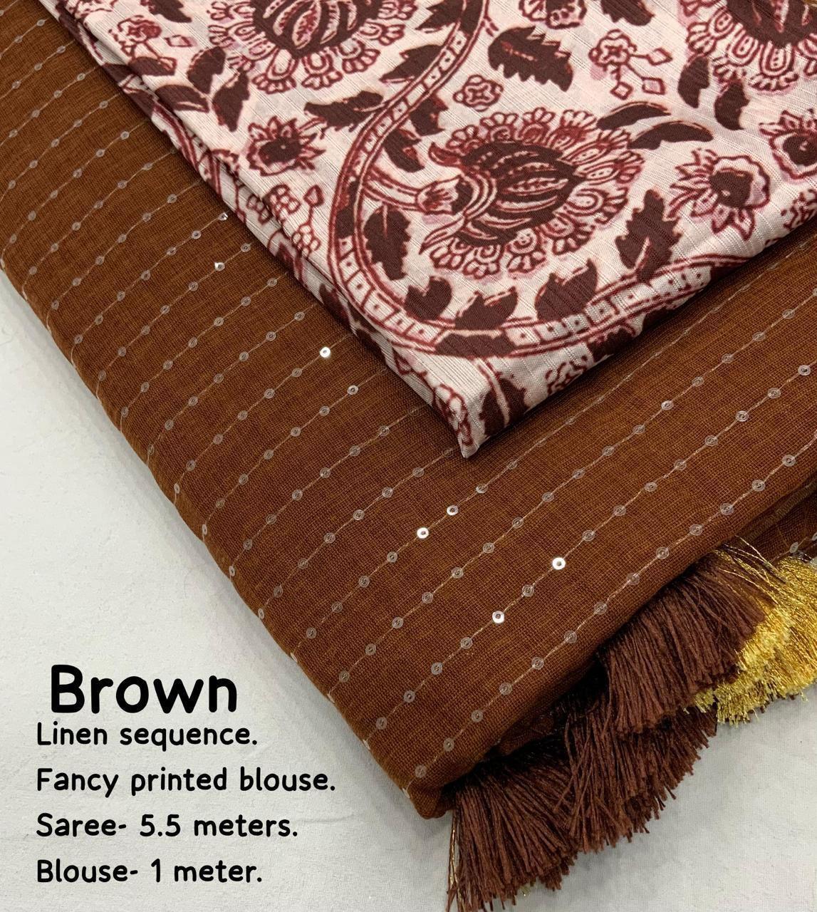 Brown Linen Sequence Saree with Unstitched Blouse - Hiral Fashion | Swadesiicart