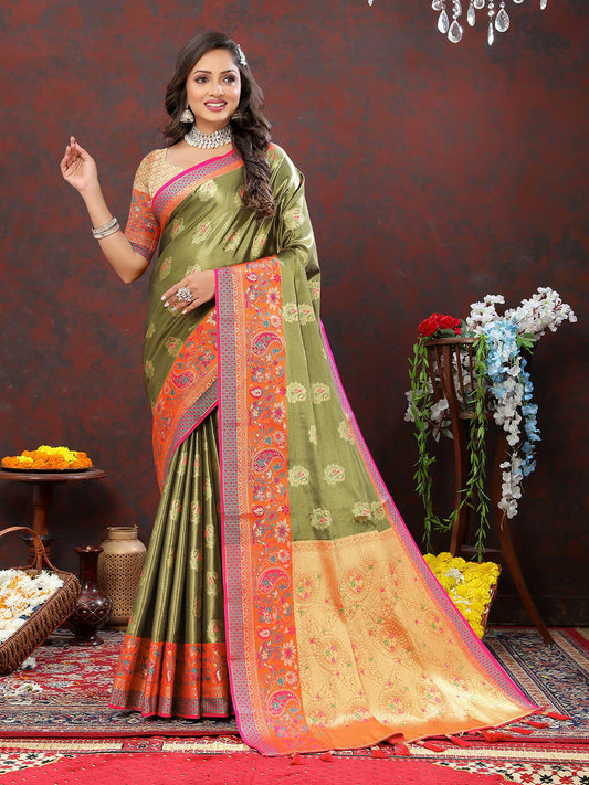 Lorenvalley Fashion Mehndi Kanjivaram Silk Woven Design with Zari Weaving Saree - Swadesiicart