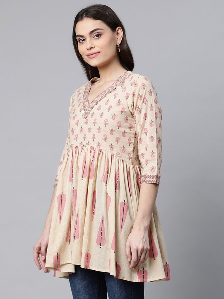 Ahalyaa Women Beige Pure Cotton Printed Tunic | Swadesiicart