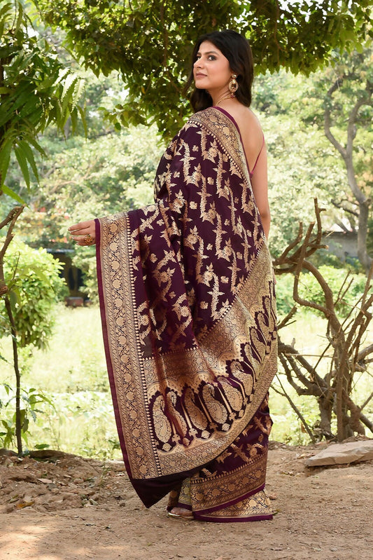 Joban Fashion Wine Banarasi Soft Pure Handloom Banarasi Silk Saree | Swadesiicart