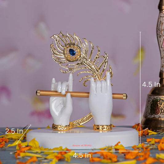 House Of Wemy Gold-Polished Melody Krishna Hands Idol with Flute and Peacock Feather - White - Swadesiicart