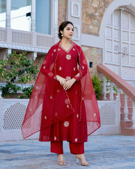 The52 Red Beautiful Embroidered Chanderi Fabric Flared Kurta, Pant and Dupatta Set - Swadesiicart