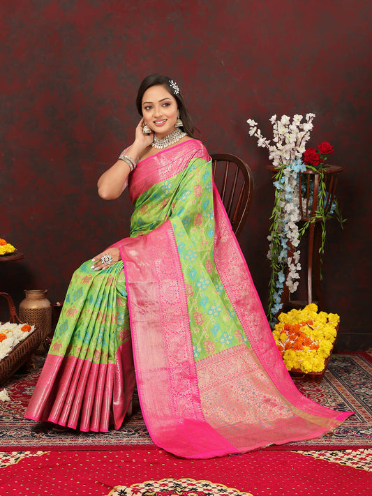 Lorenvalley Fashion Green Cotton Woven Design Zari Meenakari Weaving Saree - Swadesiicart
