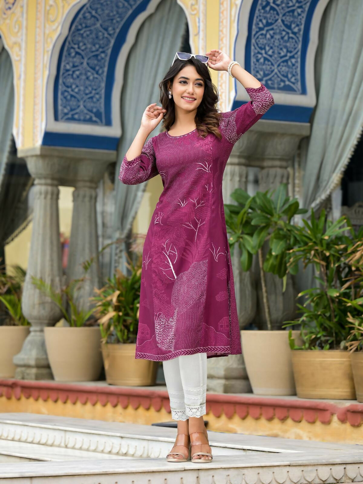 Juniper Women's Wine Beautiful Printed Liva Rayon A-Lined Kurta For Women - Swadesiicart