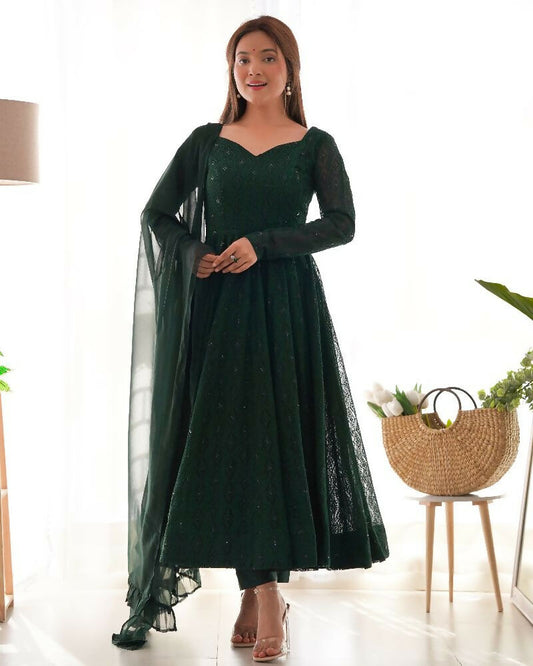 Joban Fashion Green Kurta Set Georgette Sequence Embroidery Work