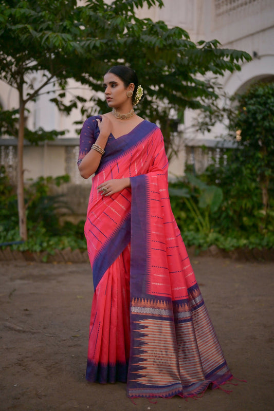 Vishnu Weaves Women's Rani Raw Silk Saree with Blouse - Swadesiicart