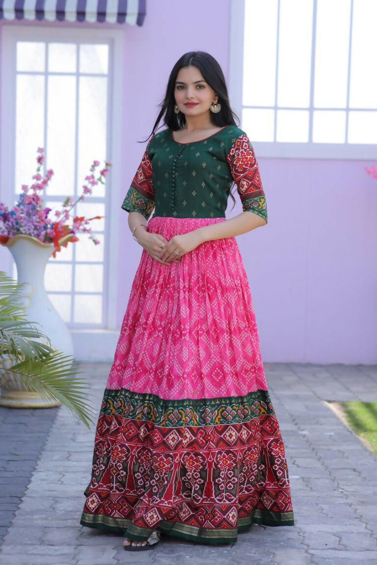 Jyoti Fashion Women's Pink Patola with Foil Print Dola Silk Anarkali Dress | Swadesiicart