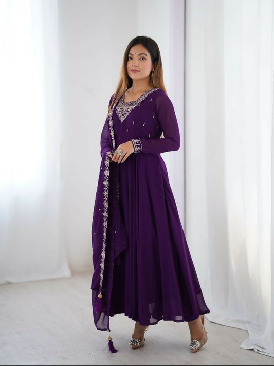 Joban Fashion Purple Kurta Set Georgette Sequence Embroidery Work