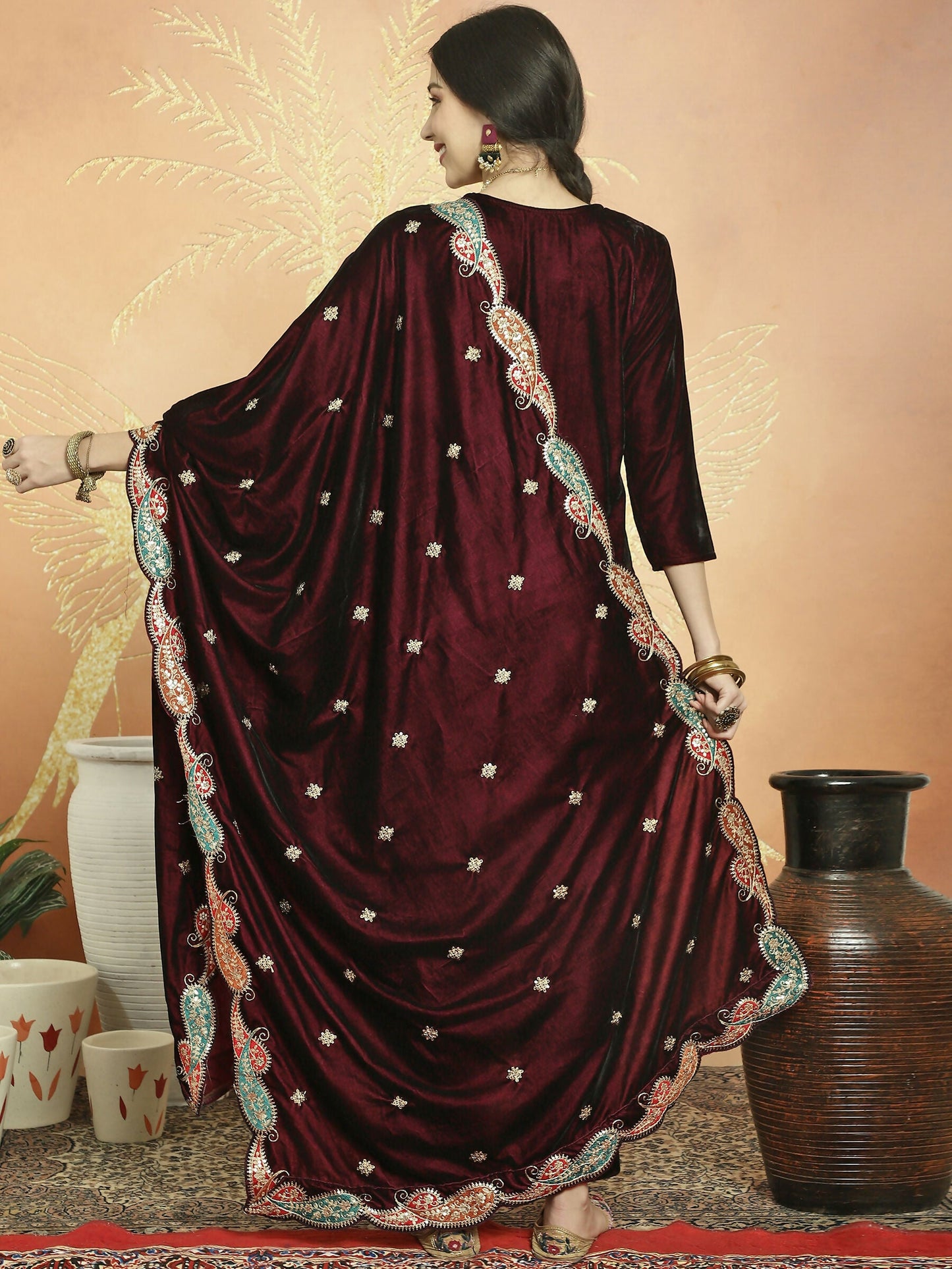 Jyoti Fashion Women's Maroon Velvet Cording with Resham Thread & Sequin Kurta with Trouser & Dupatta | Swadesiicart