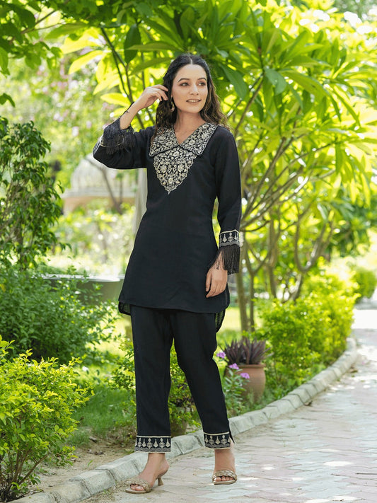 Yufta Black Embroidered Shirt And Trouser Co Ords - Swadesiicart