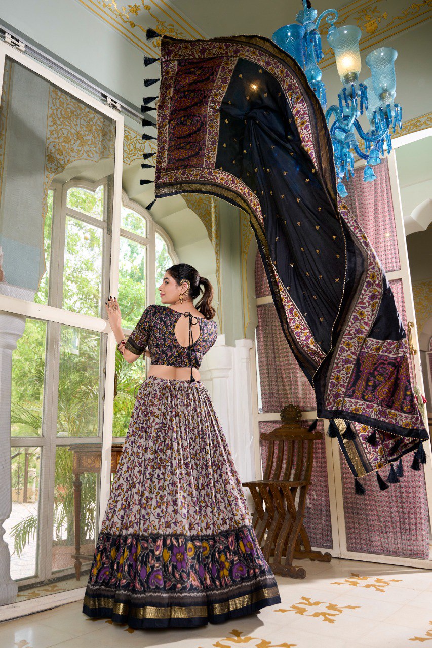 Lorenvalley Black Tussar Silk Floral Print with Foil Print Lehenga Choli with Dupatta | Swadesiicart