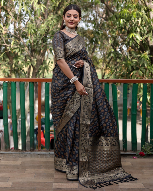Lorenvalley Premium Bandhej Patola Silk Sarees with kanchi Borders and Contrast Zari Weaving borders Saree - Black - Swadesiicart