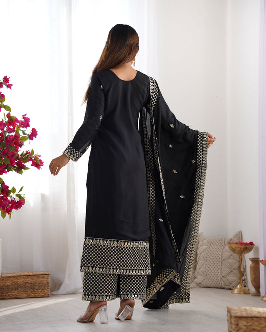 Lorenvalley Black Chinon Silk Embroidery Sequence and Jari Work Kurta Trousers with Dupatta Set | Swadesiicart