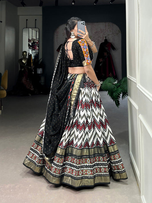 Lorenvalley Black Tussar Silk Leheriya Print with Foil Print and Paper Mirror Work Lace Lehenga Choli with Dupatta