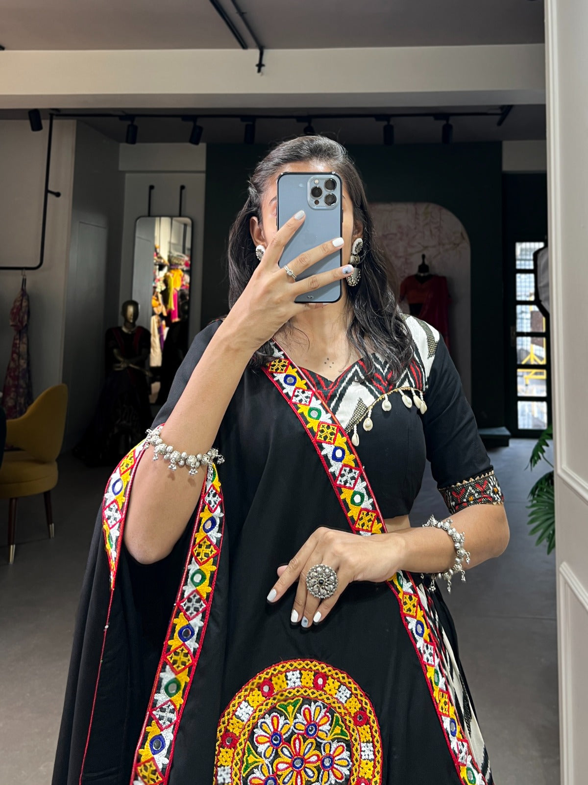 Lorenvalley Black Rayon With Printed Silk Original Mirror Gamthi Work Lehenga Choli With Dupatta | Swadesiicart