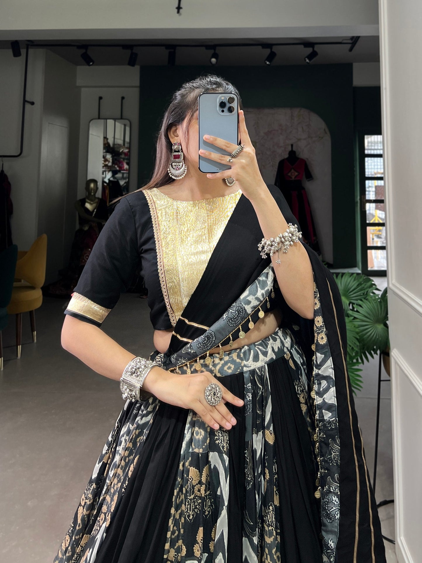 Lorenvalley Black Rayon and Tussar Silk Plain And Printed With Embossed Design Gota Lace Lehenga Choli with Dupatta | Swadesiicart