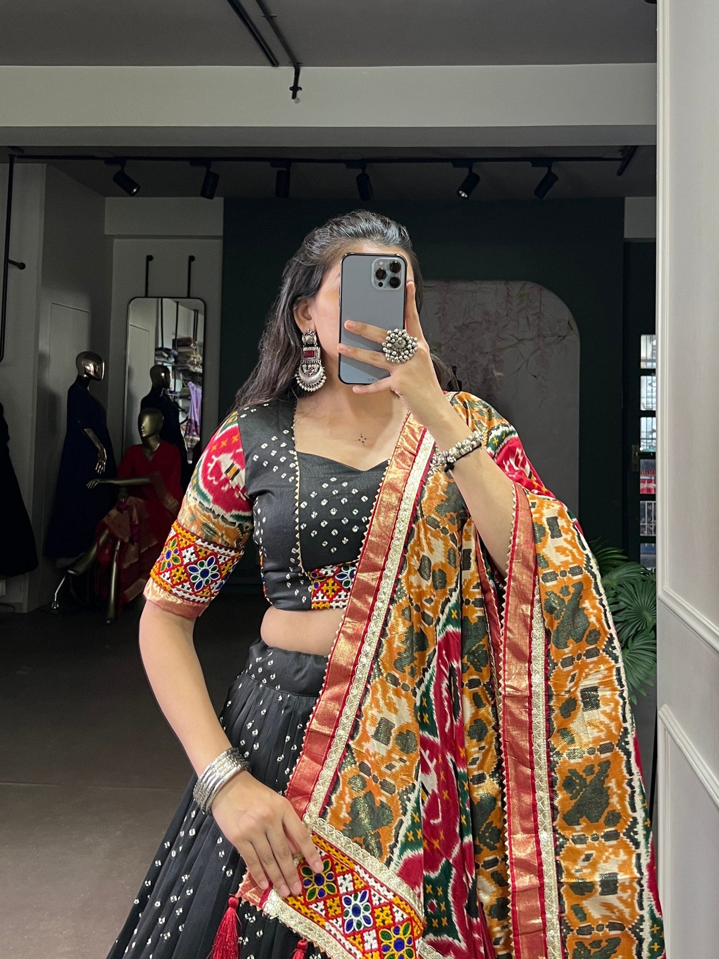 Lorenvalley Fashion Black Tasar Silk Print with Foil Work and Real Mirror Gamthi Work with Lace Touch Up Lehenga Choli with Dupatta | Swadesiicart
