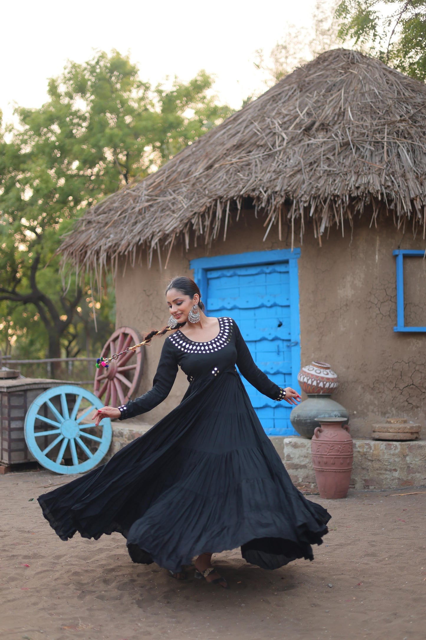 Lorenvalley Black Rayon Fabric With Real Mirror Work Gown | Swadesiicart