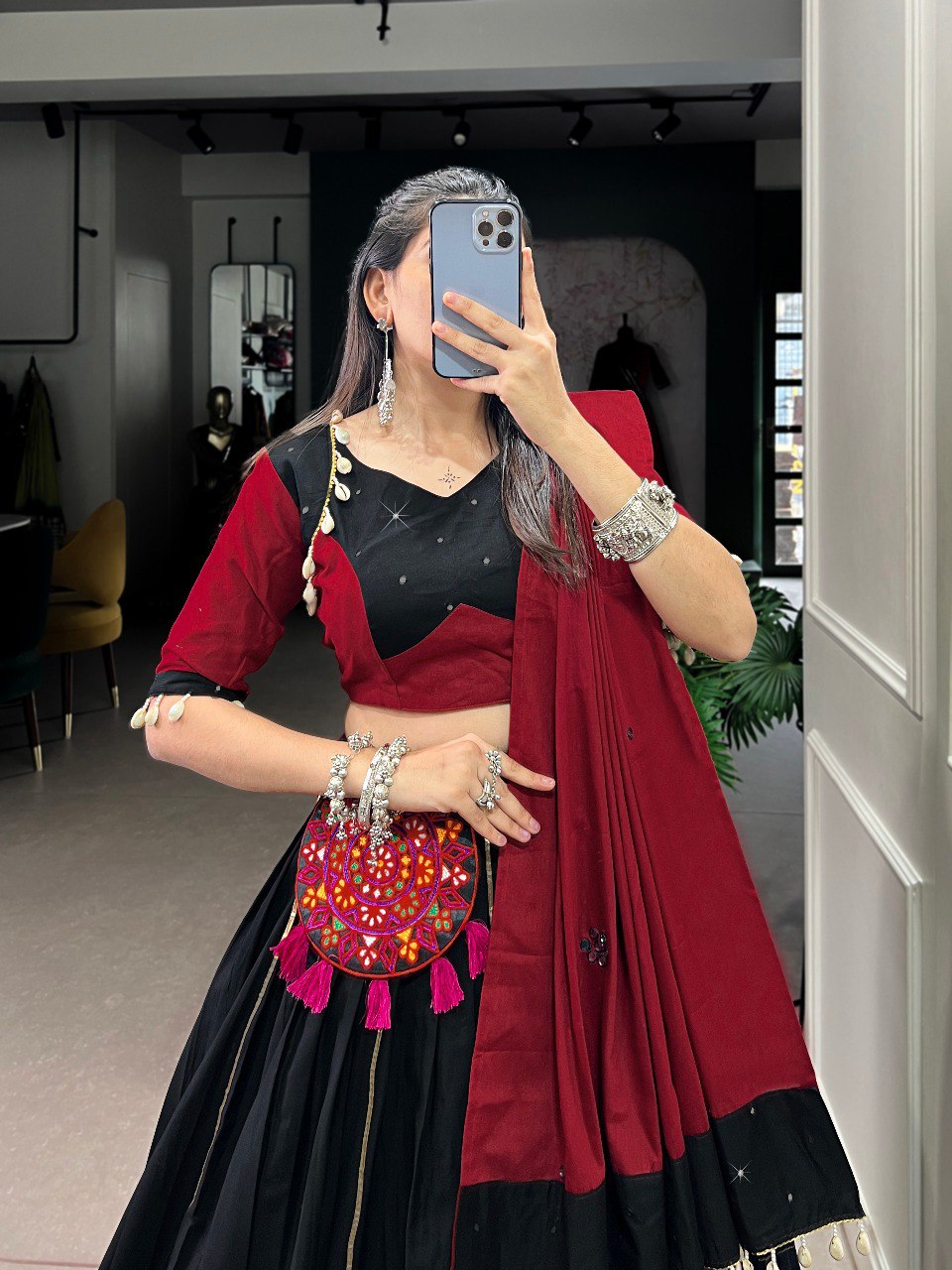Lorenvalley Pure Black Cotton Plain And Gamthi Patch Work With Gota Patti Lehenga Choli with Dupatta | Swadesiicart