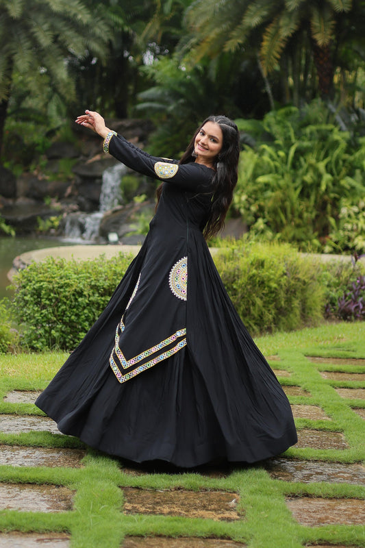 Lorenvalley Black Rayon Fabric With Kutchi Gamthi Lace Gown | Swadesiicart