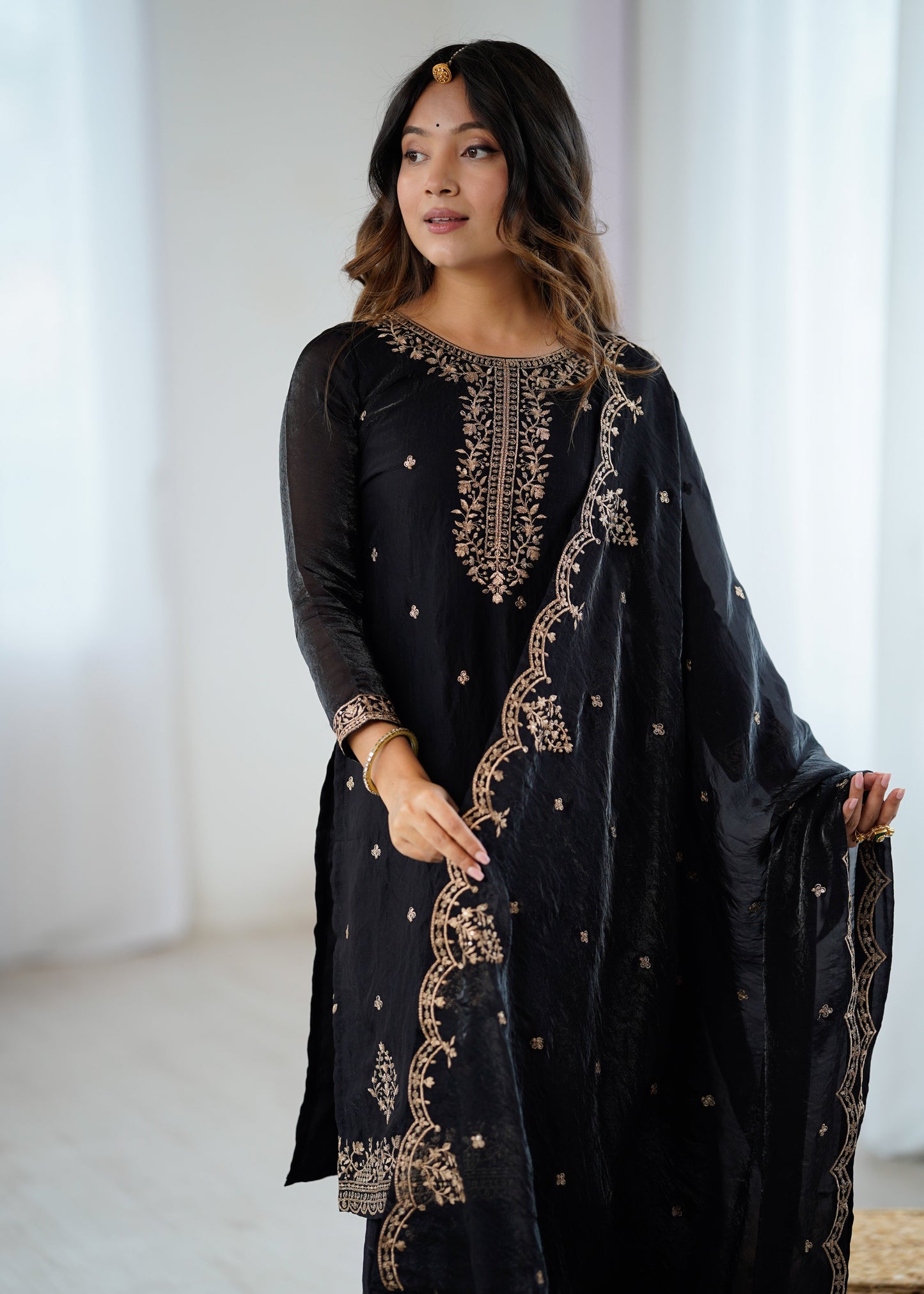 Lorenvalley Black Soft Crunchy Silk with Embroidery Sequence and Jari Work Kurta Palazzo with Dupatta | Swadesiicart