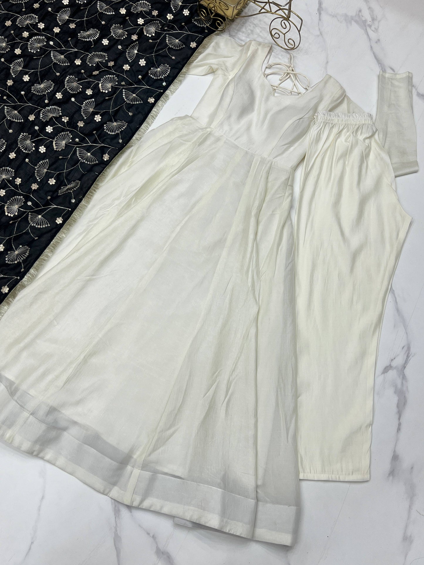 Lorenvalley Fashion White Vichitra Silk Fabric Fully Flared Anarkali Pant With Dupatta Set - Swadesiicart