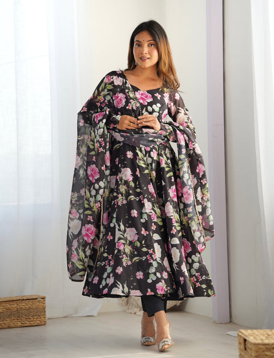 Lorenvalley Soft Organza Silk With Floral Print Fully Flared Anarkali Pant With Dupatta Set - Black | Swadesiicart