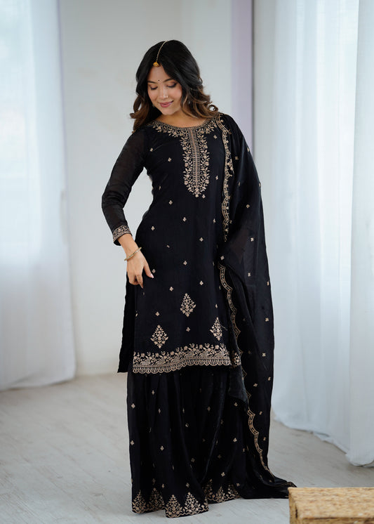Lorenvalley Black Soft Crunchy Silk with Embroidery Sequence and Jari Work Kurta Palazzo with Dupatta | Swadesiicart