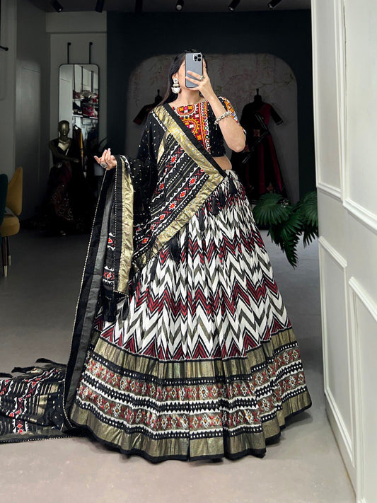 Lorenvalley Black Tussar Silk Leheriya Print with Foil Print and Paper Mirror Work Lace Lehenga Choli with Dupatta