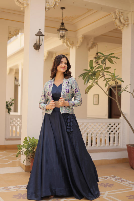 Lorenvalley Black Premium Chinnon Lehenga Choli with Jacquard Woven Design Koti | Swadesiicart