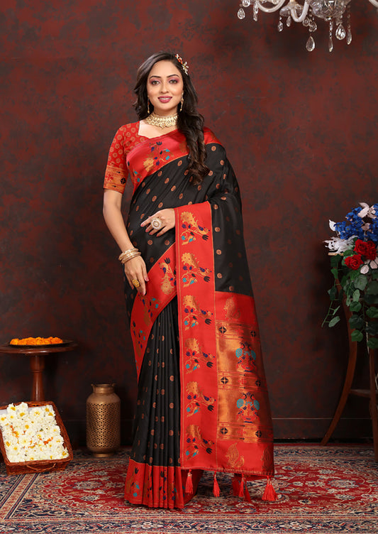 Lorenvalley Fashion Black Soft Paithani Silk Woven Design Rich Zari Meenakari Weaving Saree - Swadesiicart