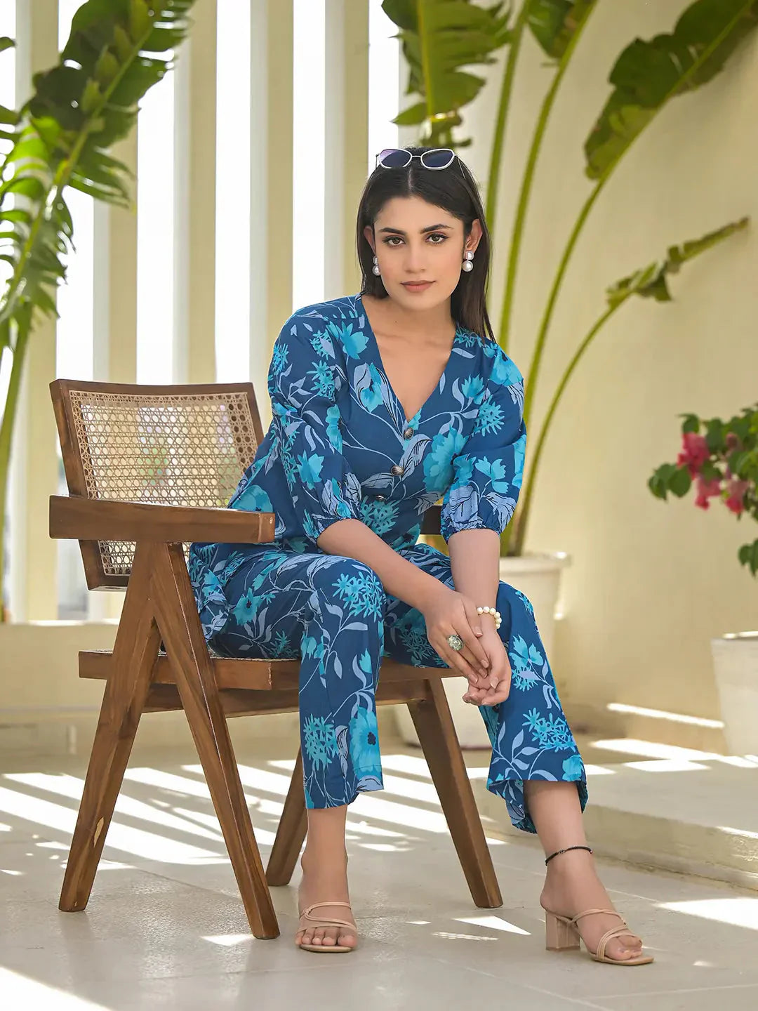 Yufta Blue Cotton Ethnic Motifs Print Co-Ord Set - Swadesiicart