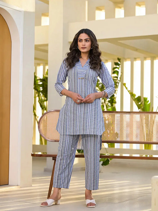 Yufta Blue Cotton Striped Print Co-Ord Set - Swadesiicart