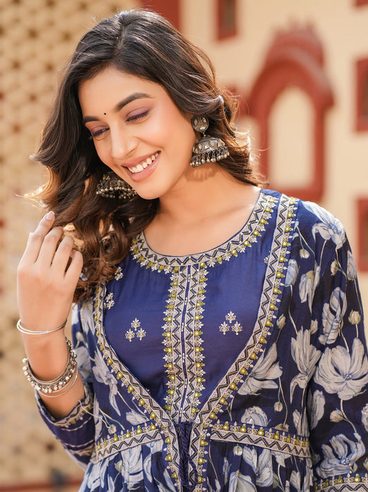 Yufta Blue Embroidered shrug Crop top co ord set - Swadesiicart