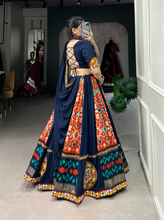 Lorenvalley Blue Rayon and Printed Silk with Plain And Printed With Original Mirror Gamthi Work And Gamthi Patch Work Lehenga Choli | Swadesiicart
