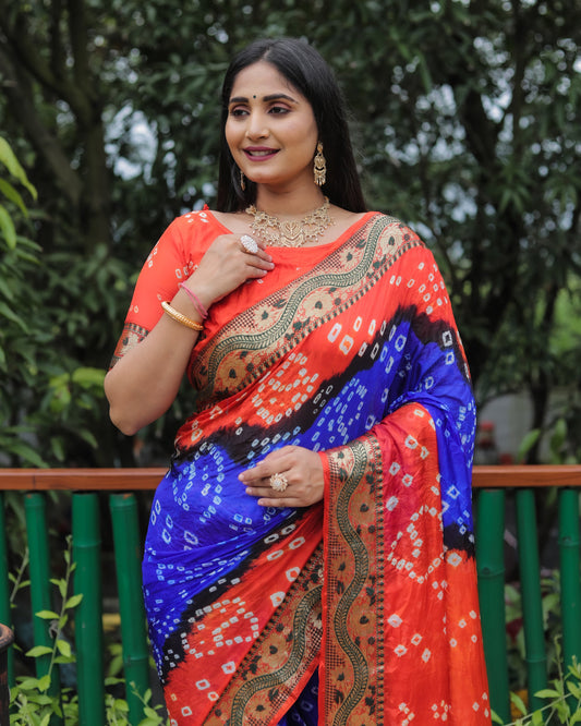 Lorenvalley Premium Pure Bandhej Tapeta Soft light weight silk saree with zari weaving Border - Multicolor - Swadesiicart