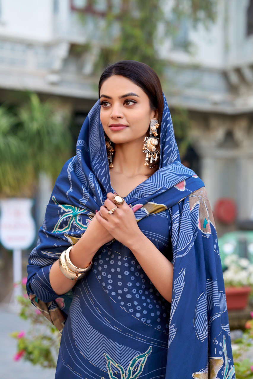 Lorenvalley Blue Roman Silk Floral Print With Beets Handwork Kurta Set | Swadesiicart